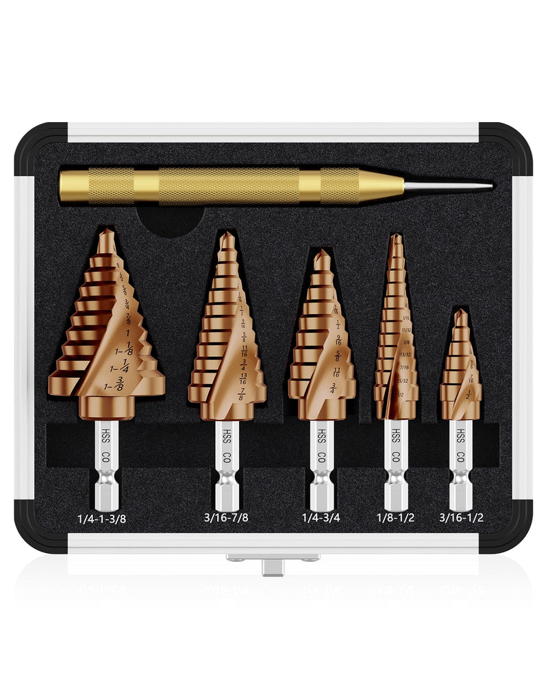 M35 Cobalt Step Drill Bit Set with Automatic Center Punch, 1/8" to 1-3/8", 6 PCS Step Drill Bit for Stainless Steel, Metal, Aluminum, Copper, Wood, PVC 1/8"-1-3/8"(M35)(6Pcs)
