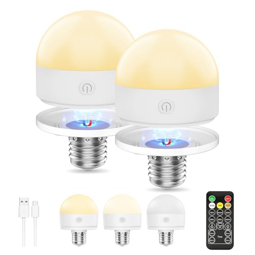 Pack of 2 Rechargeable Light Bulbs with Battery, E27 LED, 3 Colours, Dimmable | Removable battery bulb with remote control and timing for non-wired decoration lamps 2 Stück