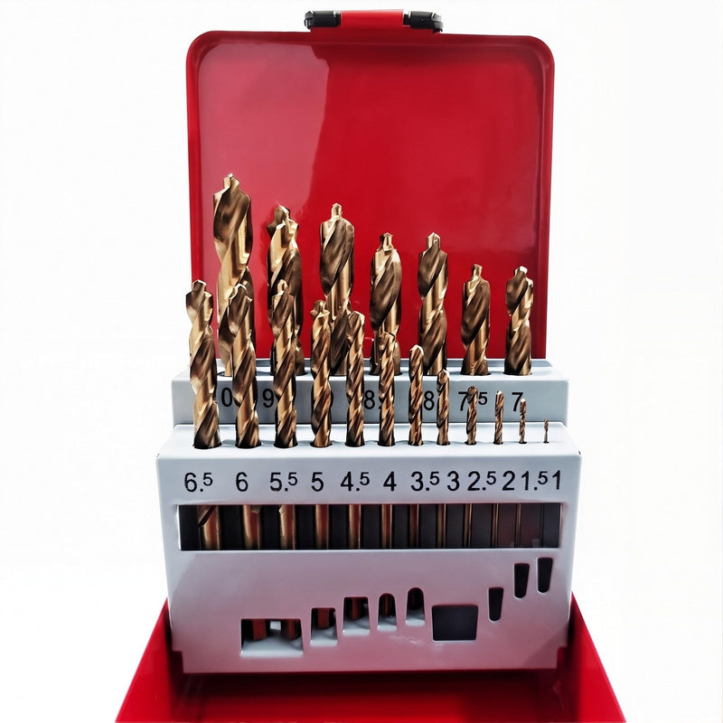 19 Pcs Metric M35 Cobalt Drill Bit Set, 1mm to 10mm (0.5mm Increments), Bronze Finish Twist Drill Bits - Pilot Point & 3-Flat Shank (5mm+), 135° Split Point (<5mm) with Metal Storage Case 19pcs Metric 19Size