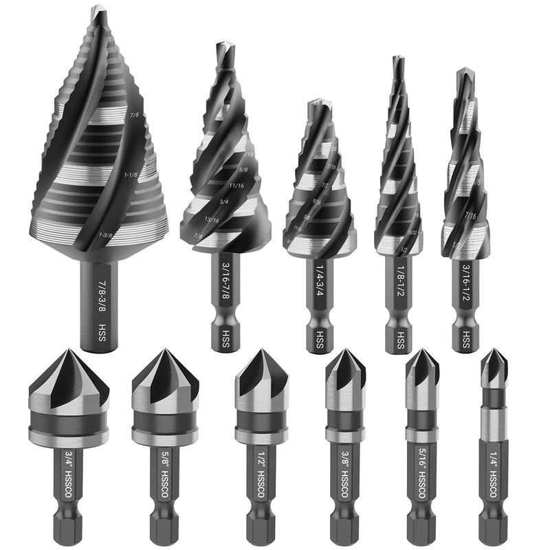5 Pcs Four Spiral Flute Step Drill Bit Set, 6 Pcs Countersink Drill Bits with 1/4 Inch Quick Change Hex Shank, Nitriding HSS Drill Bits for Metal, Aluminum, Wood, Plastic HSS 11 Pieces (5 Step + 6 Countersink)