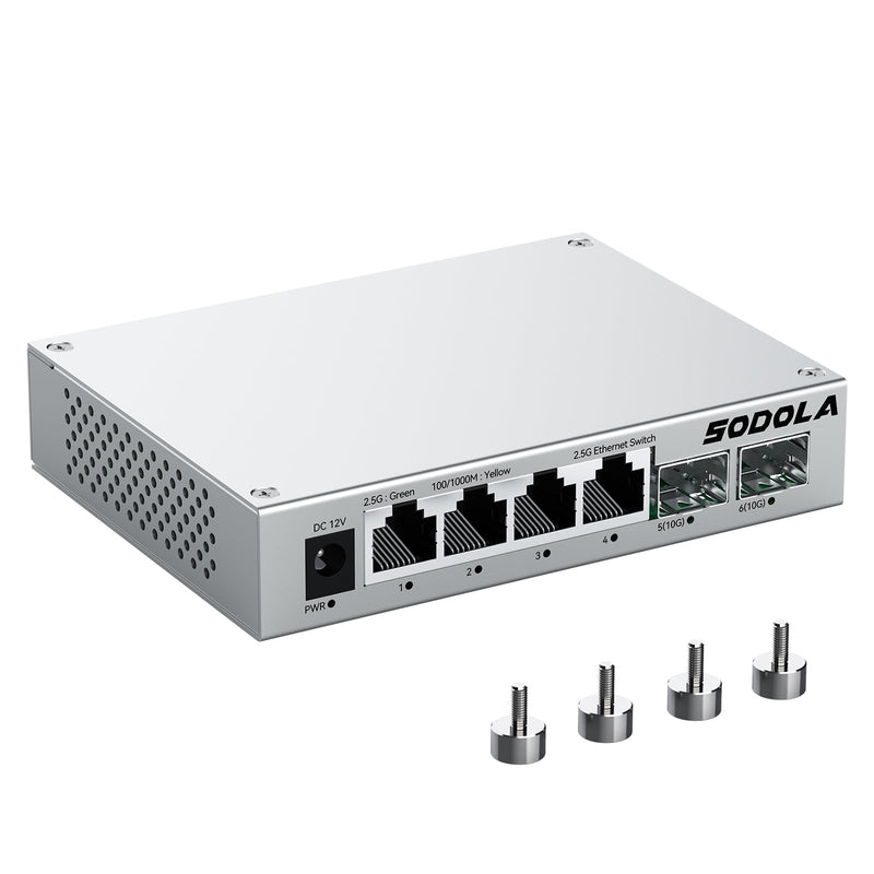 SODOLA 2.5Gb Switch,4 x 2.5G Base-T Ports, 2 x 10G SFP+, Aluminum Alloy Cooling & Magnetic Mounting,2.5 Gigabit Network Switch Fanless Plug & Play, Unmanaged Multi-Gigabit Switch,Lifetime Protection 4X2.5G RJ45+2x10G SFP+(Unmanaged)