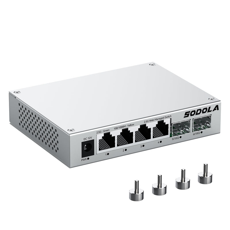 SODOLA 6 Port 2.5Gb Easy Web Managed Switch, 4 x 2.5G Base-T Ports, 2 x 10G SFP+,Aluminum Alloy Cooling & Magnetic Mounting - LACP/QoS/VLAN/IGMP Managed Multi-Gigabit Switch for Homelab SL902-SWTG124AS
