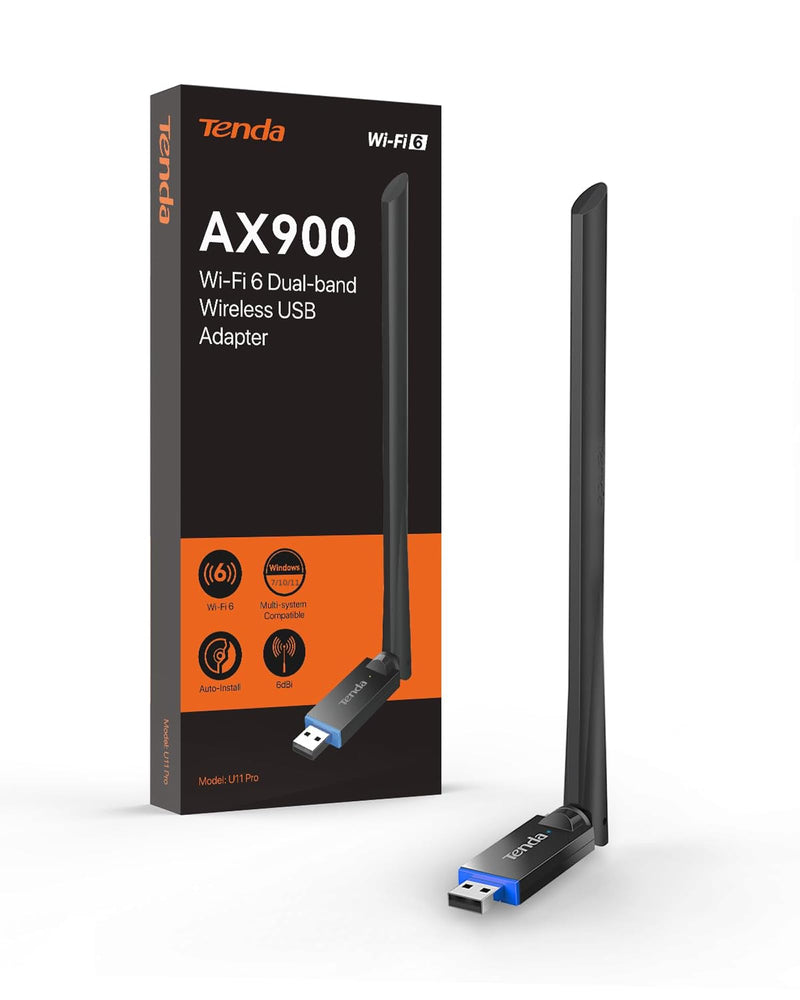 Tenda AX900 WiFi Adapter WiFi 6- Dual-Band 600Mbps 5GHz/ 286Mbps 2.4GHz, 6dBi High Gain Antenna, Wireless WiFi Adapter for Windows 11/10/7 USB WiFi Dongle (U11Pro)