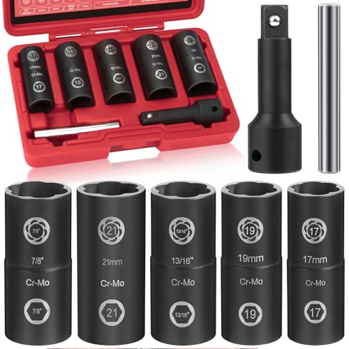 2-in-1 Lug Nut Removal Tool & Impact Socket Set, with 1/2" Drive, Easy Out Broken Bolt Extractor Kit, Ez Out Stripped Wheel Lock for Removing Rounded, Rusted Bolts, Nuts & Screw 7-Pieces(Red) 7pcs