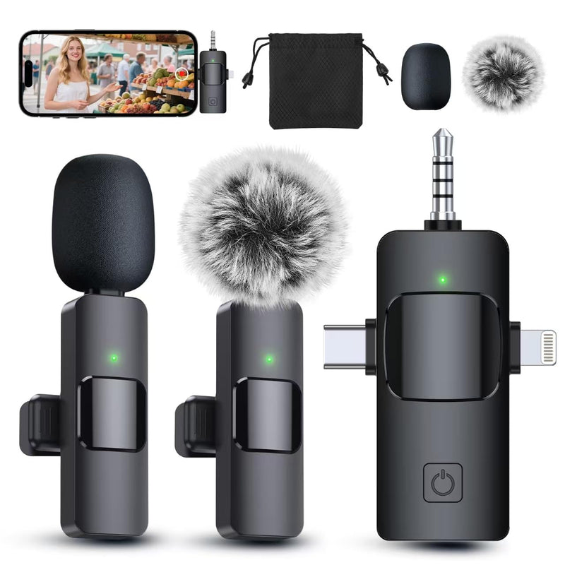 PQRQP 3 in 1 Professional Wireless Lavalier Microphone for iPhone, Android, Camera, Wireless Mini Microphones, Crystal Clear Sound Quality for Recording, Live Streaming, YouTube, TikTok, Elegant Black