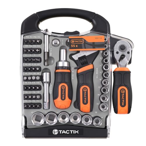 Tactix 55-Piece Stubby Socket Wrench Set, Ratchet Screwdriver & Quick-Release Socket Wrench, Adjustable, 1/4'' & 3/8'' Socket, Bits, CR-V Metric, Garage Repair, Home Use, with Portable Hard Case 55-Piece Socket Wrench Sets
