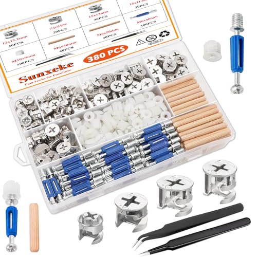380PCS Cam Locks for Furniture,Include 300 Multi-Size Cam Bolt & Nuts Set and 80 Wood Dowel Pins,3-in-1 Eccentric Wheels Furniture Cam Lock Fasteners for Cabinet,Wardrobe and Drawer 380PCS-Silver