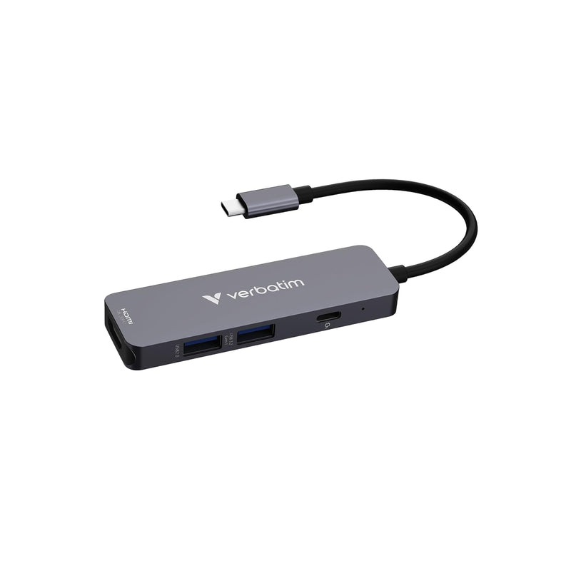 Verbatim USB-C Essentials Multiport Hub – 4 Ports: (1) USB-A 2.0, (1) USB-A 3.0/3.2 Gen 1, (1) USB-C 3.0/3.2 Gen 1 with 4K HDMI and Up to 100W Power Delivery