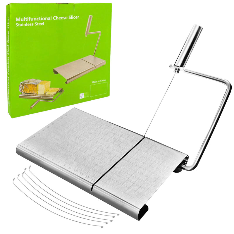 Cheese Slicer with Cutting Board and Measuring Grid, Adjustable Stainless Steel Wire Cheese Cutter for Block Cheese, Includes 5 Replacement Wires, Easy to Clean and Use