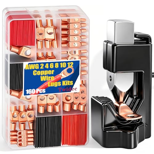 Twidec/160PCS Battery Cable Ends AWG 2 4 6 8 10 12 Gauge Copper Cable Wire Lugs,Ring Terminals Connectors,Copper Ring Terminals Connectors and Hammer Lug Crimper Tool 8 AWG to 0000 AWG 160PCS + Crimper Tool