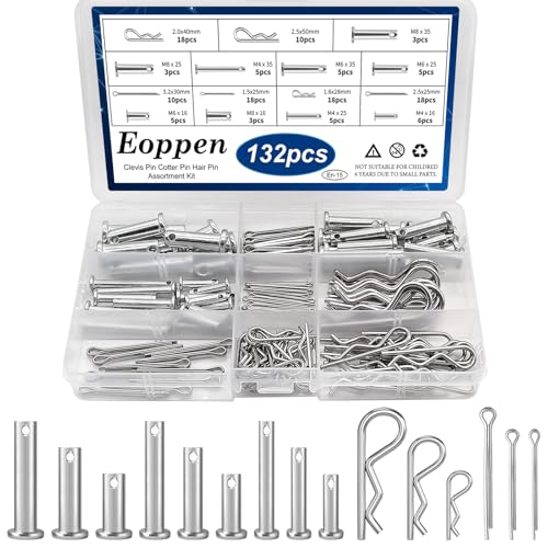 132Pcs Clevis Pin Cotter Pin Hair Pin Assortment Kit - 304 Stainless Steel 15 Sizes Cotter Pin & R Clips Pin Zinc-Plated Single Hole Flat Head Clevis Pins