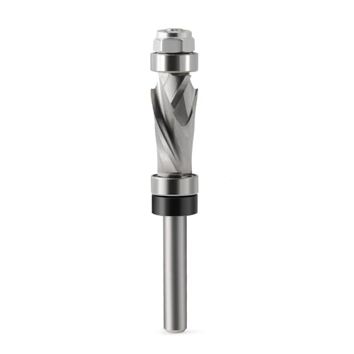 Compression Flush Trim Router Bit 1/4" Shank,1/2" Cutting Dia,Top and Bottom Bearing Carbide Spiral Up-Down Pattern Template Flush Cut Router Bit Woodworking Trimming Tool 1/4''x 1/2''x 1'' Uncoated