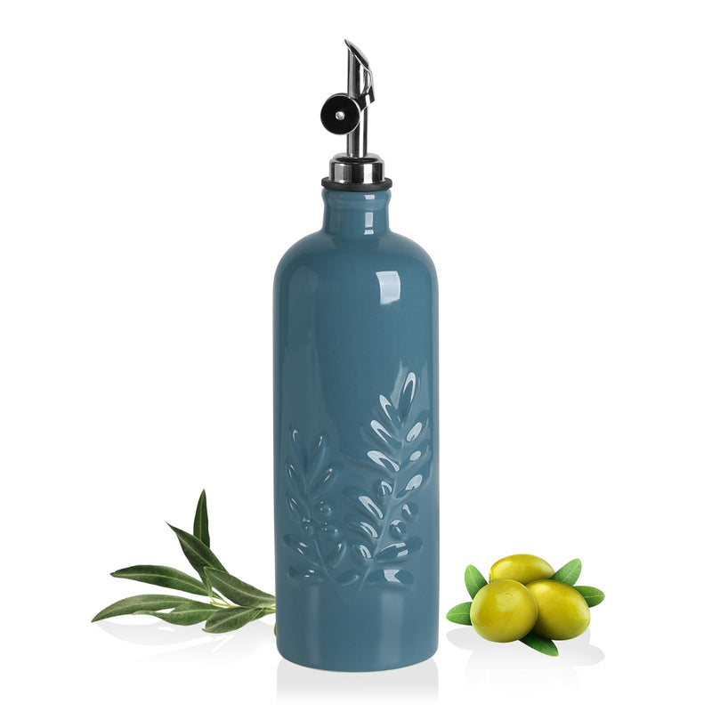 Sweejar 18 Oz Oil Dispenser for Kitchen with Gravity Spout, Ceramic Olive Oil Dispenser Bottle, Relief Opaque Vinegar Container for Evoo, Vinegar, Soy Sauce, Pack of 1(Fogblue, Silver Spout) Fog Blue 18 Oz(Silver Spout)