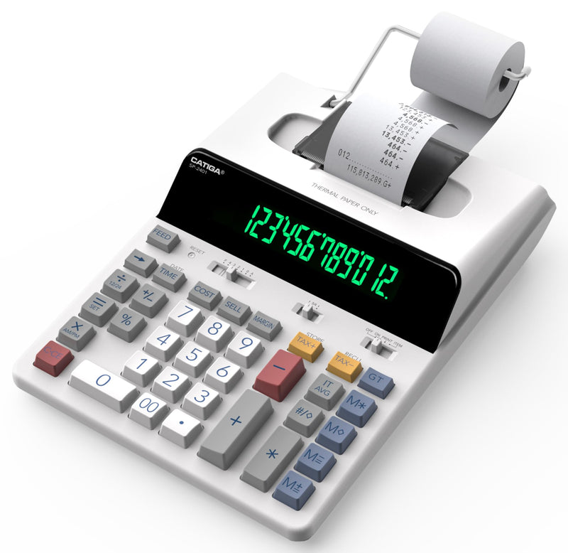 CATIGA 12 Digit Thermal Printing Calculator with Tape Print Out, Ink-Free Adding Machine, 3X Faster Quite at 8.0 LPS, Extra Large Fluorescent Display, Tax Calculation with Clock and Calendar, SP-2401 White (Ink Free)