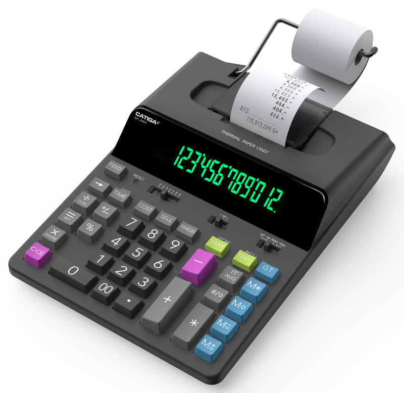 CATIGA 12 Digit Thermal Printing Calculator with Tape Print Out, Ink-Free Adding Machine, 5X Faster Quite at 8.0 LPS, Extra Large Fluorescent Display, Tax Calculation with Clock and Calendar, SP-2401 Black