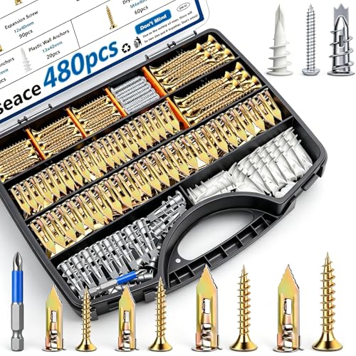 smseace 480 Pcs Wall Anchors for Drywall 4-Sizes Zinc Plated Steel and Plastic Sheetrock Anchors and 5-Sizes Self Drilling Anchor Screws Used for Hanging Picture Frames, Curtains, Plants, Clocks Gold-480Pcs-4 Sizes