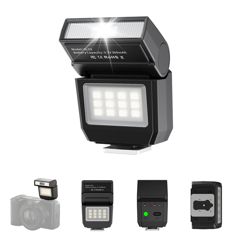 ULANZI SL03 Camera Mini Flash Speedlite with Video Light, GN8 6500K External Flash 90° Angle Adjustable Speedlite Compatible with Sony/Canon/Fuji/Nikon DSLR, Universal Single Contact Hot Shoe Mount Black