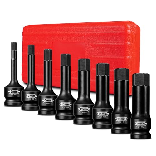 8 PCS 1/2 Inch Drive Allen Impact Socket Set, Metric Hex Socket 6 mm to 19 mm, Master Impact Grade Cr-Mo Steel with Heavy Duty Storage Case