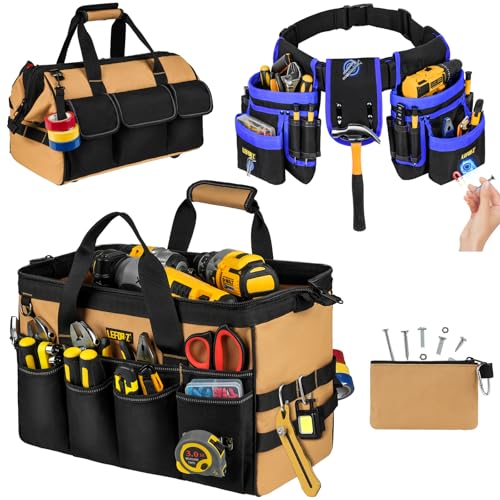 16-Inch Heavy Duty Tool Bags + Padded Tool Belts for Men,2 in 1 Tools Tote with Detachable & Adjustable Utility Work Belt for Dad,Mechanic,Electrician,Carpenter,Construction