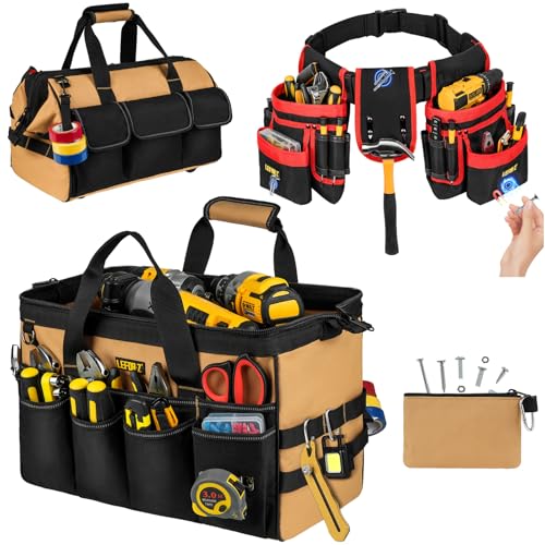 16-Inch Heavy Duty Tool Bags + Padded Tool Belts for Men,2 in 1 Tools Tote with Detachable & Adjustable Utility Work Belt for Dad,Mechanic,Electrician,Carpenter,Construction