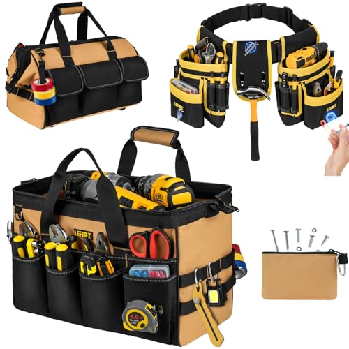 16-Inch Heavy Duty Tool Bags + Padded Tool Belts for Men,2 in 1 Tools Tote with Detachable & Adjustable Utility Work Belt for Dad,Mechanic,Electrician,Carpenter,Construction