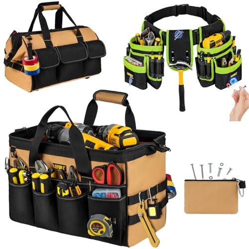 16-Inch Heavy Duty Tool Bags + Padded Tool Belts for Men,2 in 1 Tools Tote with Detachable & Adjustable Utility Work Belt for Dad,Mechanic,Electrician,Carpenter,Construction