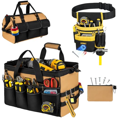 16-Inch Heavy Duty Tool Bags + 13-Pockets Tool Belts for Men,2 in 1 Tools Tote with Detachable & Adjustable Utility Work Belt for Dad,Mechanic,Electrician,Carpenter,Construction