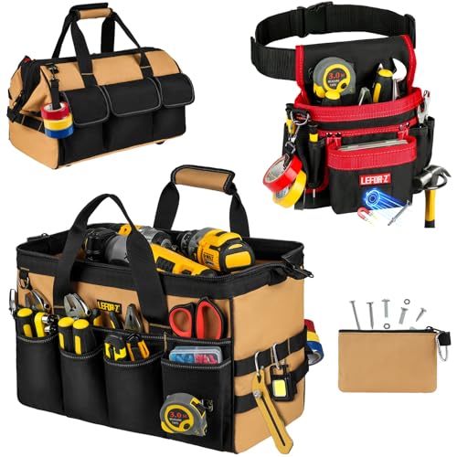 16-Inch Heavy Duty Tool Bags + 14-Pockets Tool Belts for Men,2 in 1 Tools Tote with Detachable & Adjustable Utility Work Belt for Dad,Mechanic,Electrician,Carpenter,Construction