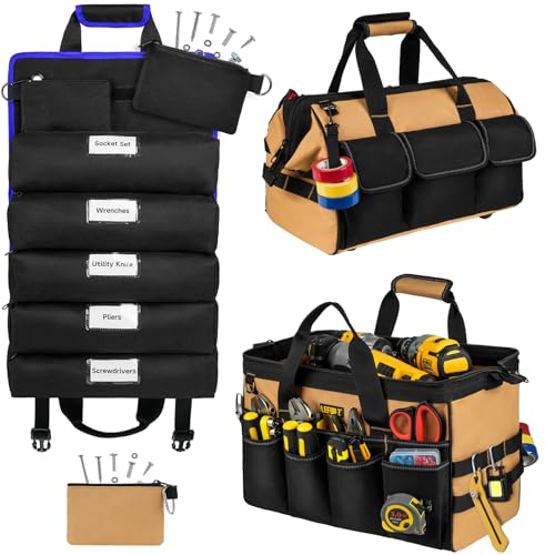 16-Inch Heavy Duty Tool Bags + 13-Pockets Large Roll Up Tool Bag Organizer,2 in 1 Tools Tote with Tool Roll Storage Pouch Carrier Bag for Men,Dad,Mechanic,Electrician,Carpenter,Construction