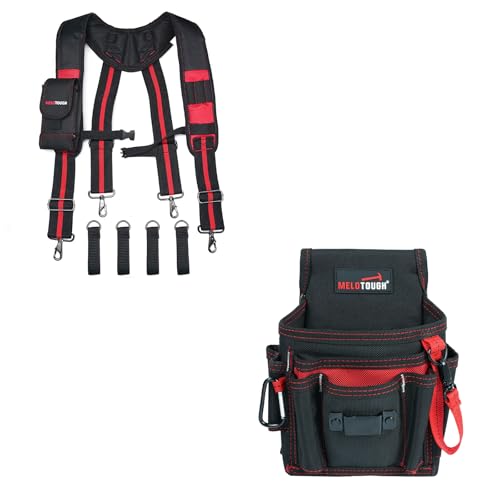 MELOTOUGH Tool Belt Suspenders Construction Work Suspenders with detachable phone holder comfortable foam shoulder padder (Red) + Small Tool Pouch for Tool Belt,Electrician Tool Pouch