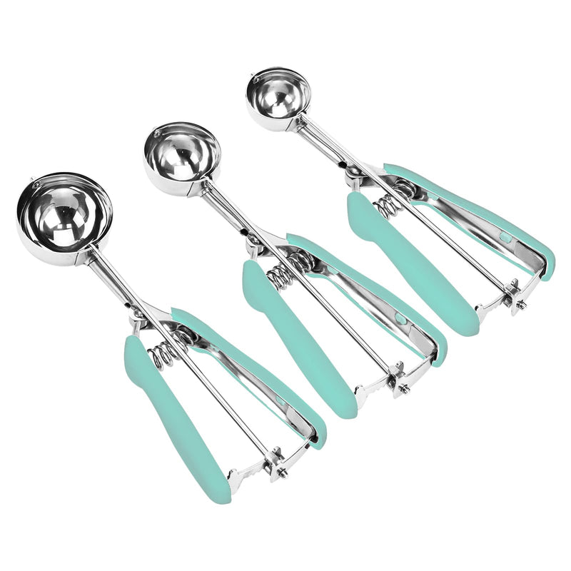 Cookie Scoop Set, 3Pcs Ice Cream Scoop, Cookie Scoops for Baking Set of 3, 18/8 Stainless Steel Cookie Scooper for Baking, Ice Cream Scooper with Trigger Release, Mint Soft Grip Cookie Dough Scoop