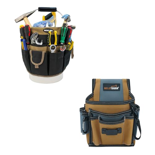MELOTOUGH Bucket Tool Organizer With 35 Pockets Fits to 3.5-5 Gallon Bucket + Small Tool Pouch for Tool Belt,Electrician Tool Pouch,Tool Pouch Tool Holster with 13 Pockets