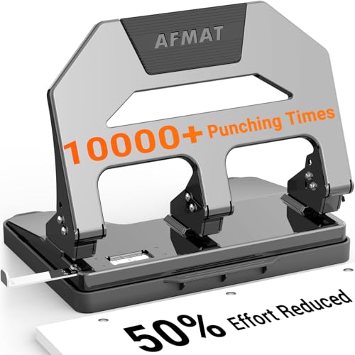 AFMAT Heavy Duty 3 Hole Punch, 40-Sheet Three Hole Puncher for Binder, 50% Reduced Effort Paper Punch, 10K+ Uses, Office Metal Hole Puncher 3 Ring w/Large Tray, Bulit-in S.S. Paper Guide, HPX2(Gray) Gray 40-Sheet Capacity