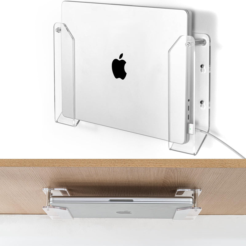 Laptop Wall Mount Holder, Space-Saving Under Desk Laptop Mount with Cable Slots, Supports 1.26" Thick Devices, Compatible with iPad/MacBooks/Surface (Clear)