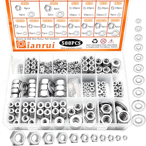 Dianrui 588PCS Metric & SAE Hex Nuts and Washers Assortment Kit, Assorted Nuts Washers 304 Stainless Steel (2#56 4#40 6#32 8#32 10#24 10#32 12#24 1/4-20 5/16-18 3/8-16 7/16-14 1/2-13 M2-M12) 21 Sizes 588PCS Metric&SAE Kit
