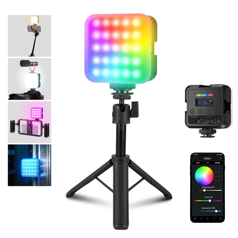 NEEWER Magnetic RGB Camera Video Light with Desk Tripod Stand & 3 Cold Shoes, Upgraded APP Control, CRI97+ 2500-8500K 2000mAh Rechargeable Photography Recording Small LED Panel Lighting, RGB62