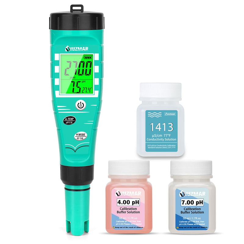 UIUZMAR pH Value Meter Hydroponics, pH EC Meter Grow 4 in 1 | PPM pH Meter for Water Hydroponics, Simultaneous Measurement of pH EC TDS Temperature for DWC, Aeroponic, Aquarium, Fish Pond black green