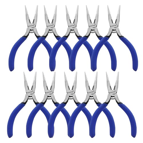 KAIHAOWIN 5" Mini Needle Nose Pliers - 10 Pack, Small Precision Pliers Set for Jewelry Making & Crafts, Spring Loaded Long Nose Pliers with Wire Cutter, Rustless High Carbon Steel for Bulk Projects