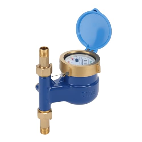 DN15 Vertical Water Meter with 1/2" NPT Couplings, Heavy Brass Cold Water Meter Measuring in Gallon, AWWA 708 Certification for Garden/Home/Apartment. 1/2" Cold, cu m,gal