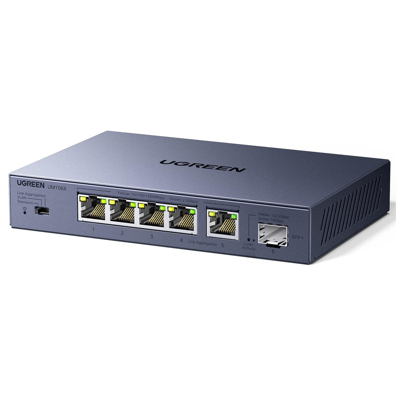 UGREEN 2.5Gb Switch, 6-Port Ethernet Switch, 5 x 2.5Gb Uplink + 1 x 10Gb SFP+, Standard/Link Aggregation to 5Gbps/VLAN 3 Modes, Plug & Play Unmanaged Splitter, Desktop/Wall Mount, Metal, for NAS, PC