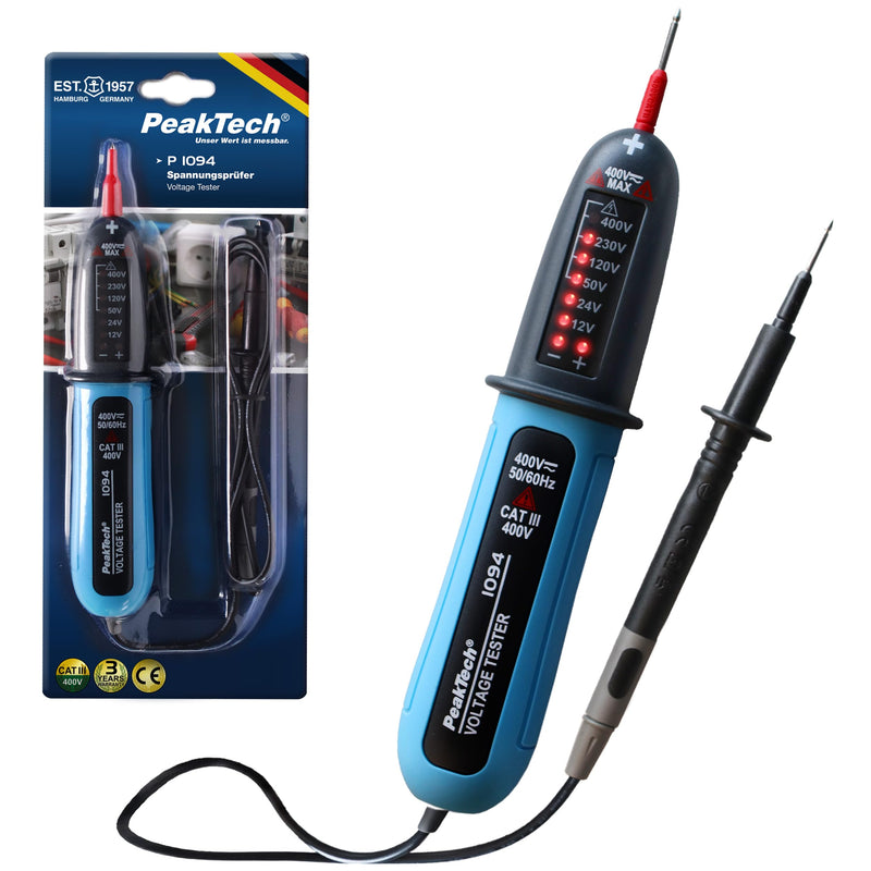 PeakTech 1094 Voltage Tester 2-Pin CAT III 400V AC/DC IP54 LED