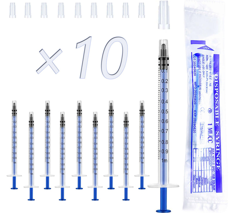 Pack of 10 1 ml Syringes with Safety Closure, Disposable Syringe without Needle | For precise liquid measurements, storage, experiments, for small animal feeding, colostrum syringe 1 ml (blue) 10.0