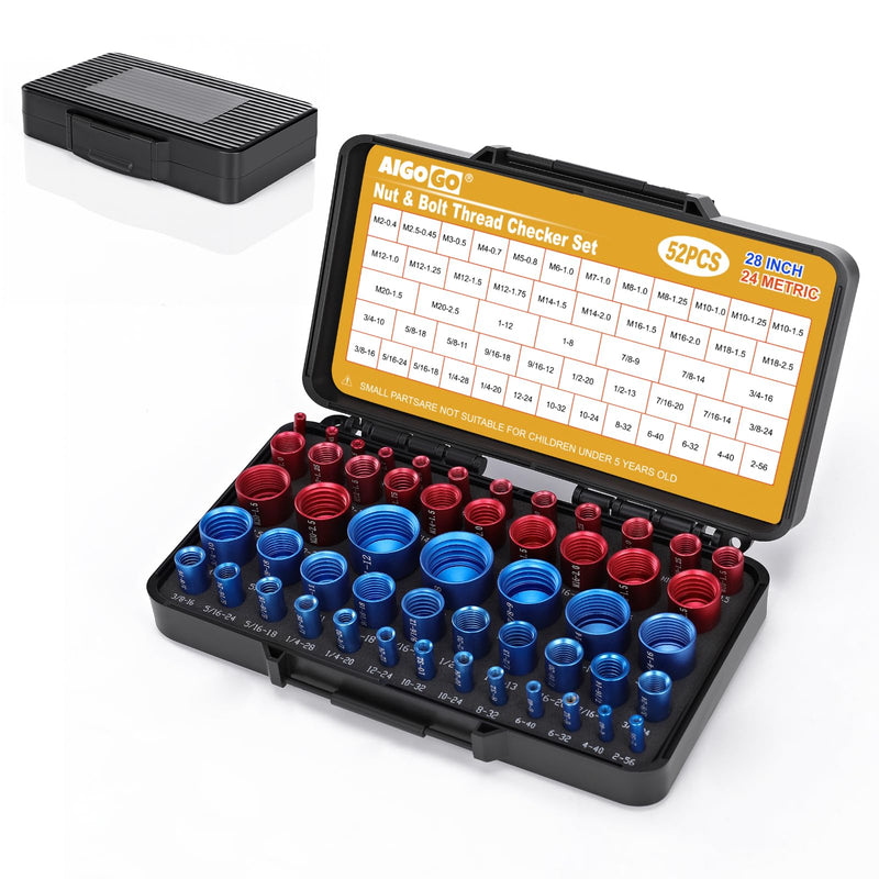 Thread Checker, 52pcs Nut and Bolt Thread Checker, 28 Inch & 24 Metric Box Set Thread Gauge, Bolt Size Finder for Size Check on Tricky and Narrow Area 52 pcs