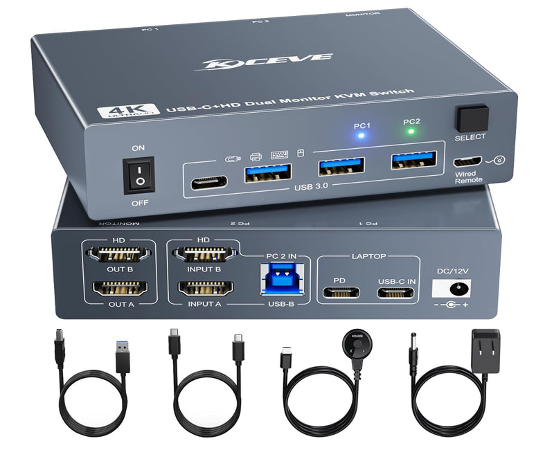 KVM Switch 2 Monitors for 1 Laptop and 1 Desktop 4K@60Hz, USB C HDMI Dual Monitor KVM Switch,Docking Station KVM Switches with 4 USB 3.0 Port, 80W PD Charging, Wired Remote and USB-C Cable Included USB C KVM 2 Monitors