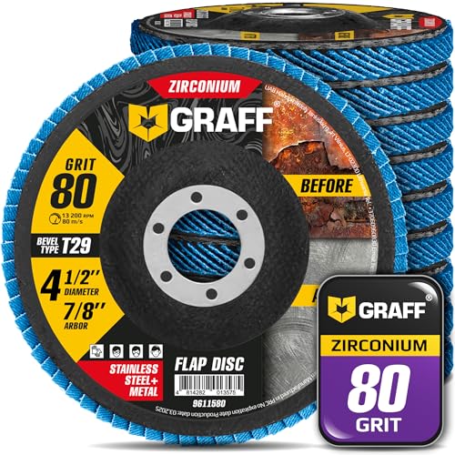 Zirconia Flap Discs 4 1/2 for Angle Grinder - 80 Grit Flap Wheels for Stainless Steel and Sheet Metal - Grinder Sanding Disc 7/8 Arbor (10 Pack) GRAFF 80 Grit - Standard Density