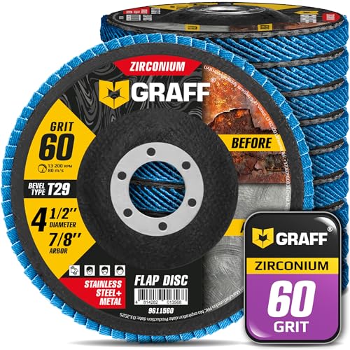 Zirconia Flap Discs 4 1/2 for Angle Grinder - 60 Grit Flap Wheels for Stainless Steel and Sheet Metal - Grinder Sanding Disc 7/8 Arbor (10 Pack) GRAFF 60 Grit - Standard Density