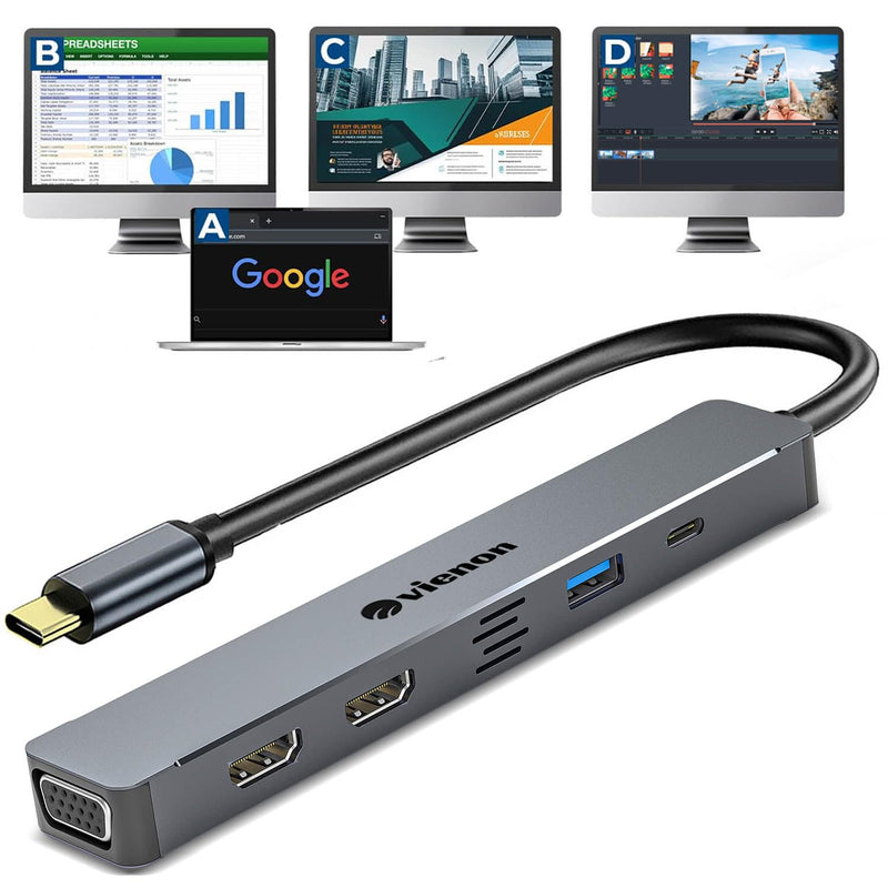 USB C Hub HDMI VGA Adapter for Triple Monitor, VIENON 5-in-1 Laptop Docking Station with Dual 4K HDMI+1080P VGA+USB 3.0+PD 100W Comaptible for MacBook Pro, XPS More 5-IN-1 Dual HDMI+VGA