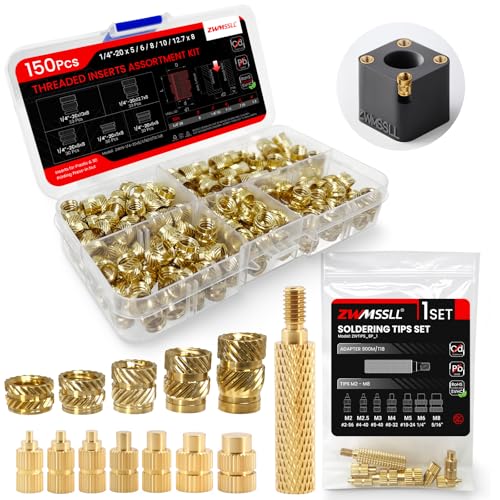 1/4"-20x12.7/5/6/8/10x8 Threaded Inserts-150 Pieces Assortment Box+Heat-Set Insert Tips Sets,Brass Knurled Nuts,pPress Tool for 3D Printing Components and Plastic Parts