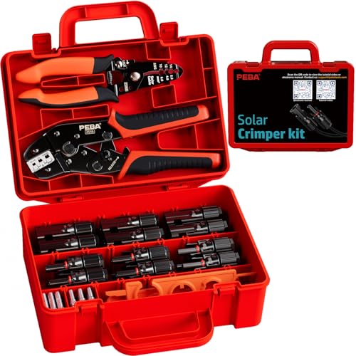 PEBA Crimping Tool and Solar Connectors Kit, Solar Crimper for AWG 16-10 Solar Panel Cable Wire, with 12 Pairs IP68 Solar Connectors & Stripping Pliers | Ratchet Crimp Tool Kit - Solar Installation 2 Tools - 12 Pairs