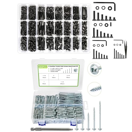 1700Pcs M2 M3 M4 M5 Hex Socket Flat Head Screws Assortment and 460Pcs Pocket Hole Screws 1" 1-1/4" 1-1/2" 2" 2-1/2", #8 Wood Screws Assortment Kit